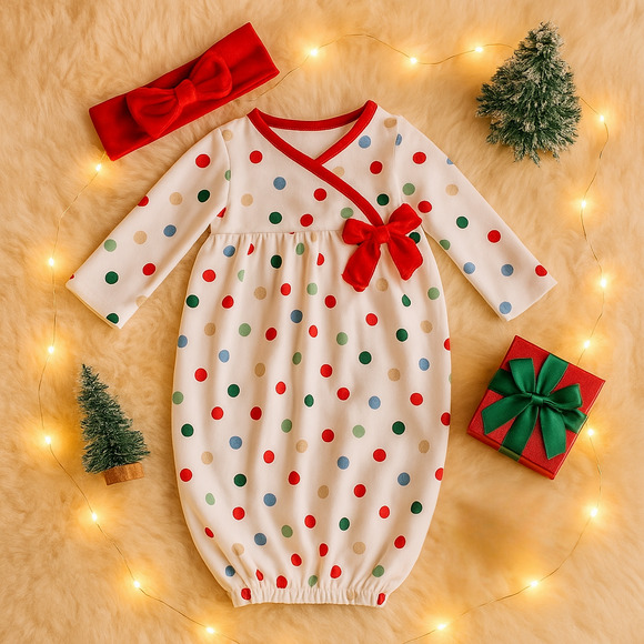 Mud Pie Polka Dot Glitter Sleep Gown & Velour Bow Headband | Baby Girls 0-3M NWT - Picture 1 of 10